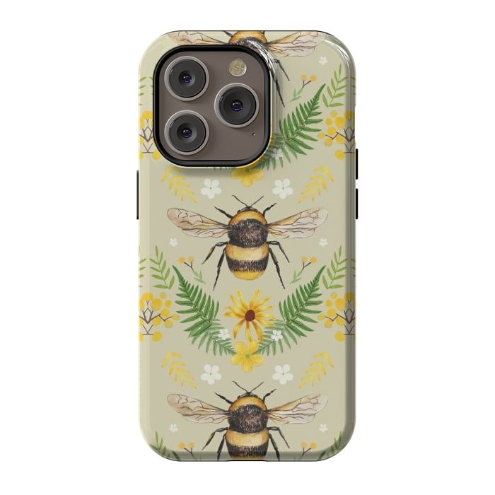 iPhone 14 Pro StrongFit Bees and flowers - cottagecore bumble bee pattern - ferns, wild flowers by Oana 