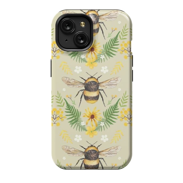 iPhone 15 StrongFit Bees and flowers - cottagecore bumble bee pattern - ferns, wild flowers by Oana 