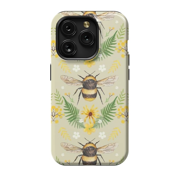 iPhone 15 Pro StrongFit Bees and flowers - cottagecore bumble bee pattern - ferns, wild flowers by Oana 
