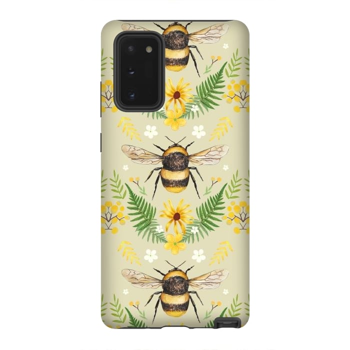 Galaxy Note 20 StrongFit Bees and flowers - cottagecore bumble bee pattern - ferns, wild flowers by Oana 