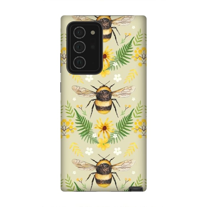 Galaxy Note 20 Ultra StrongFit Bees and flowers - cottagecore bumble bee pattern - ferns, wild flowers by Oana 
