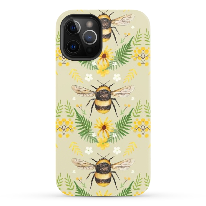 iPhone 12 Pro Max StrongFit Bees and flowers - cottagecore bumble bee pattern - ferns, wild flowers by Oana 