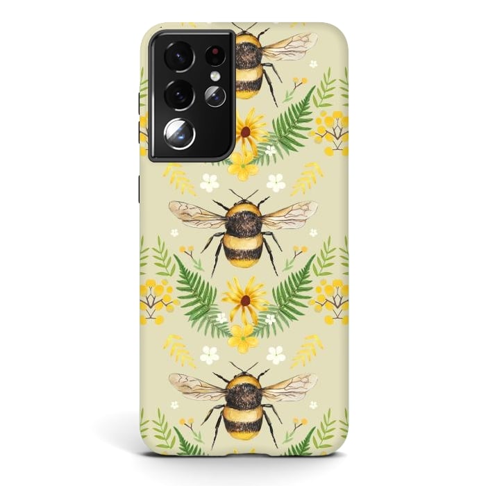 Galaxy S21 ultra StrongFit Bees and flowers - cottagecore bumble bee pattern - ferns, wild flowers by Oana 