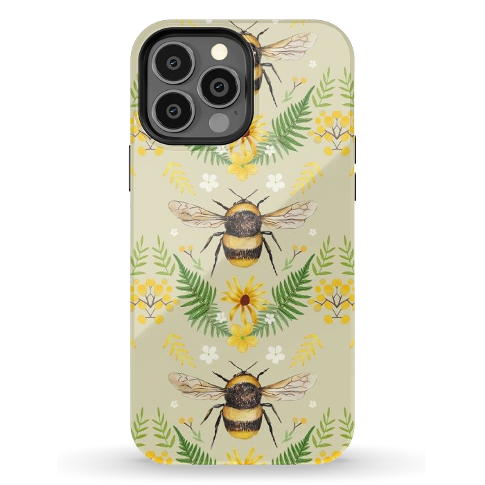 iPhone 13 Pro Max StrongFit Bees and flowers - cottagecore bumble bee pattern - ferns, wild flowers by Oana 