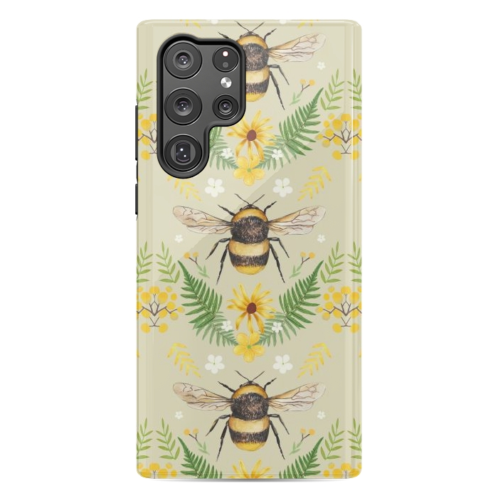 Galaxy S22 Ultra StrongFit Bees and flowers - cottagecore bumble bee pattern - ferns, wild flowers by Oana 