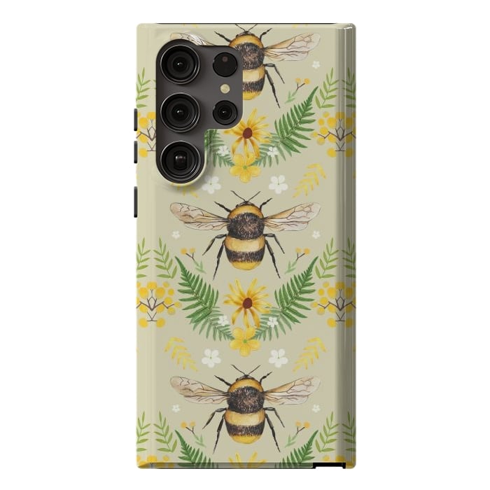 Galaxy S23 Ultra StrongFit Bees and flowers - cottagecore bumble bee pattern - ferns, wild flowers by Oana 
