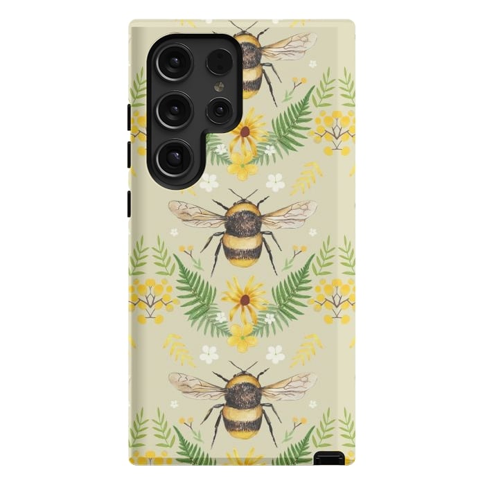 Galaxy S24 Ultra StrongFit Bees and flowers - cottagecore bumble bee pattern - ferns, wild flowers by Oana 