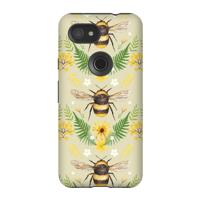 Pixel 3A StrongFit Bees and flowers - cottagecore bumble bee pattern - ferns, wild flowers by Oana 