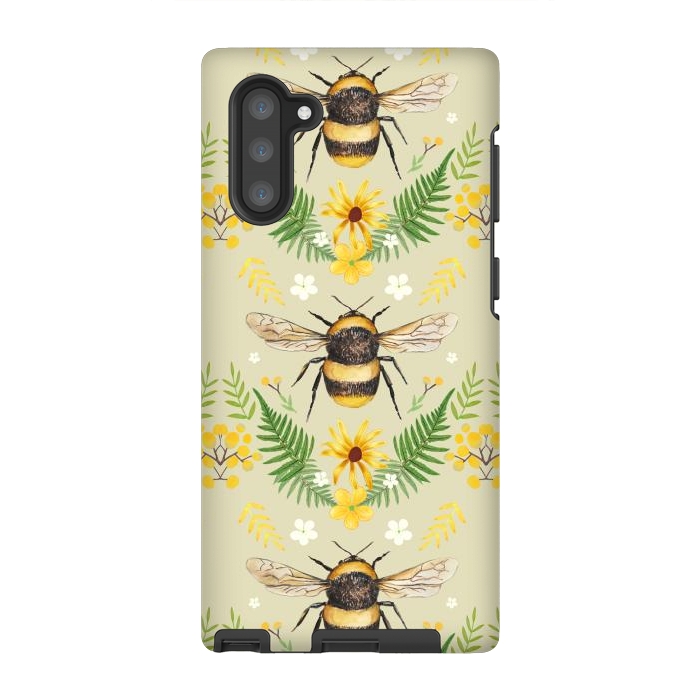 Galaxy Note 10 StrongFit Bees and flowers - cottagecore bumble bee pattern - ferns, wild flowers by Oana 