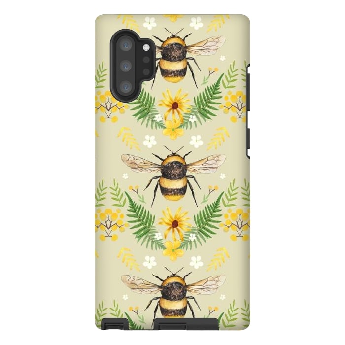 Galaxy Note 10 plus StrongFit Bees and flowers - cottagecore bumble bee pattern - ferns, wild flowers by Oana 
