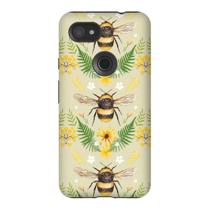 Pixel 3AXL StrongFit Bees and flowers - cottagecore bumble bee pattern - ferns, wild flowers by Oana 
