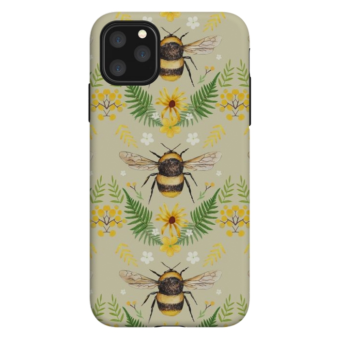 iPhone 11 Pro Max StrongFit Bees and flowers - cottagecore bumble bee pattern - ferns, wild flowers by Oana 