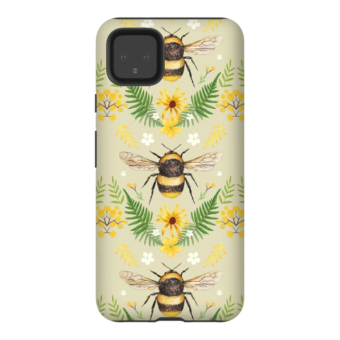 Pixel 4XL StrongFit Bees and flowers - cottagecore bumble bee pattern - ferns, wild flowers by Oana 