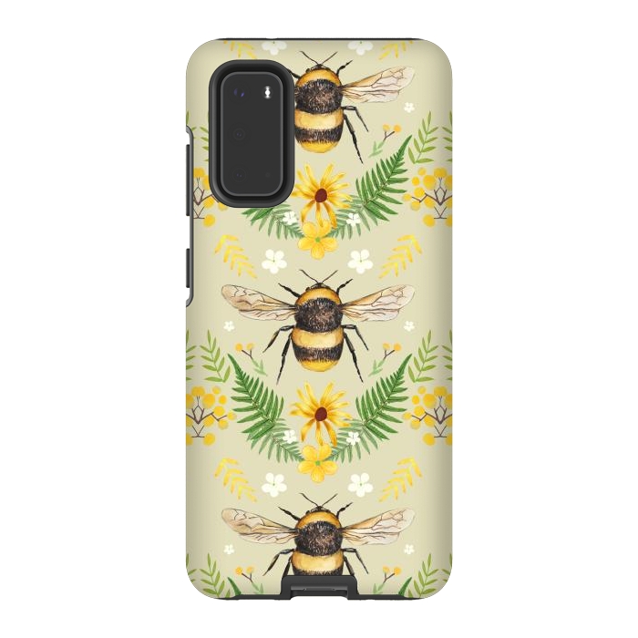 Galaxy S20 StrongFit Bees and flowers - cottagecore bumble bee pattern - ferns, wild flowers by Oana 