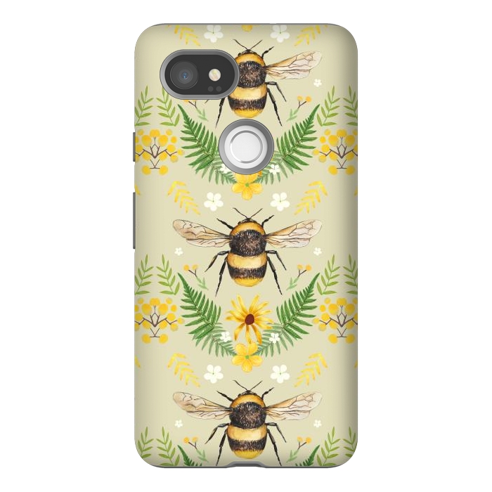 Pixel 2XL StrongFit Bees and flowers - cottagecore bumble bee pattern - ferns, wild flowers by Oana 