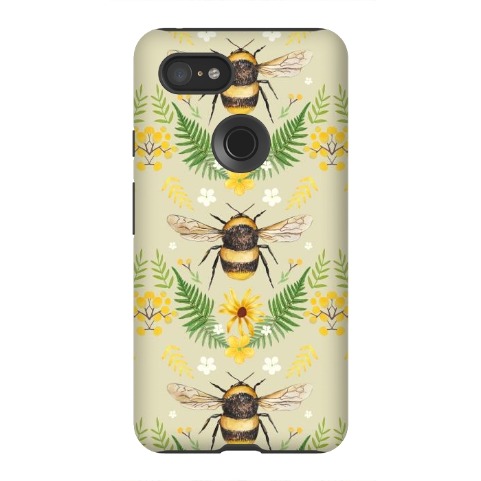 Pixel 3XL StrongFit Bees and flowers - cottagecore bumble bee pattern - ferns, wild flowers by Oana 