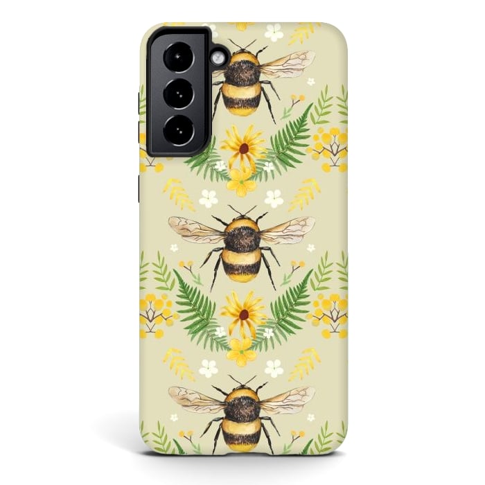 Galaxy S21 StrongFit Bees and flowers - cottagecore bumble bee pattern - ferns, wild flowers by Oana 