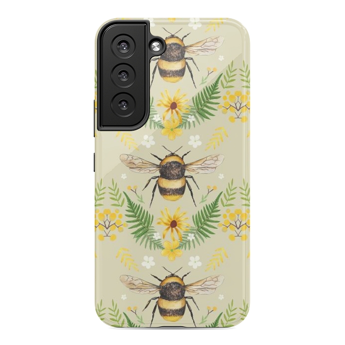 Galaxy S22 StrongFit Bees and flowers - cottagecore bumble bee pattern - ferns, wild flowers by Oana 
