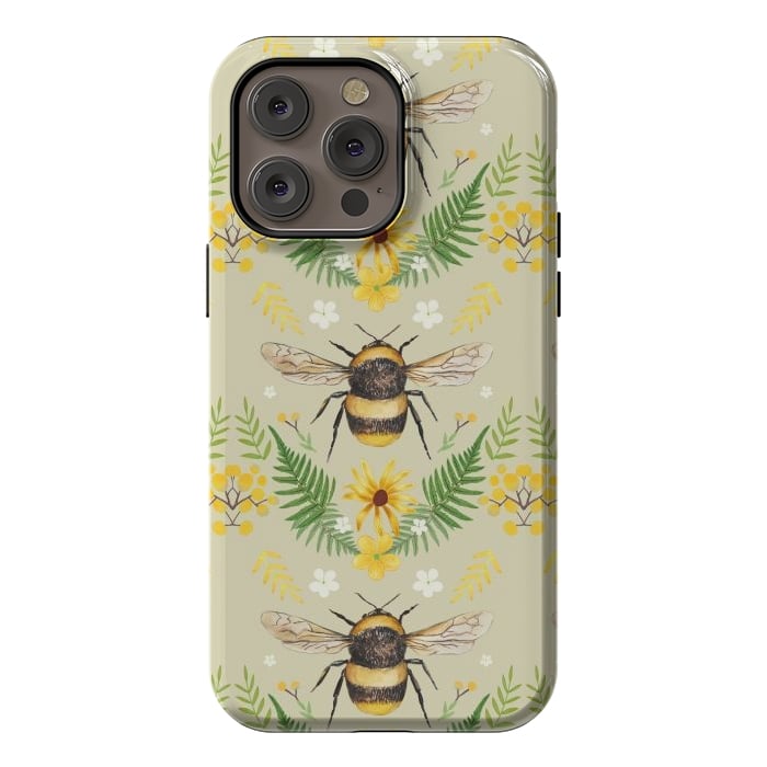 iPhone 14 Pro max StrongFit Bees and flowers - cottagecore bumble bee pattern - ferns, wild flowers by Oana 