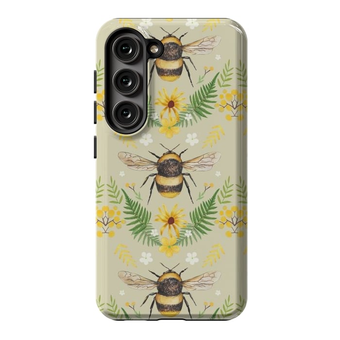 Galaxy S23 StrongFit Bees and flowers - cottagecore bumble bee pattern - ferns, wild flowers by Oana 