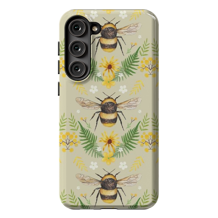 Galaxy S23 Plus StrongFit Bees and flowers - cottagecore bumble bee pattern - ferns, wild flowers by Oana 