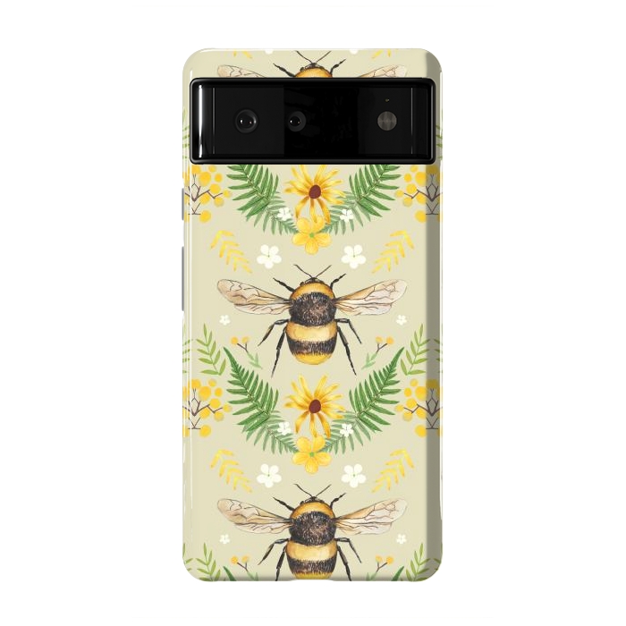 Pixel 6 StrongFit Bees and flowers - cottagecore bumble bee pattern - ferns, wild flowers by Oana 