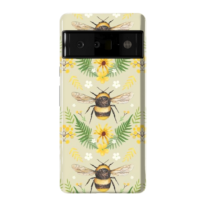 Pixel 6 Pro StrongFit Bees and flowers - cottagecore bumble bee pattern - ferns, wild flowers by Oana 