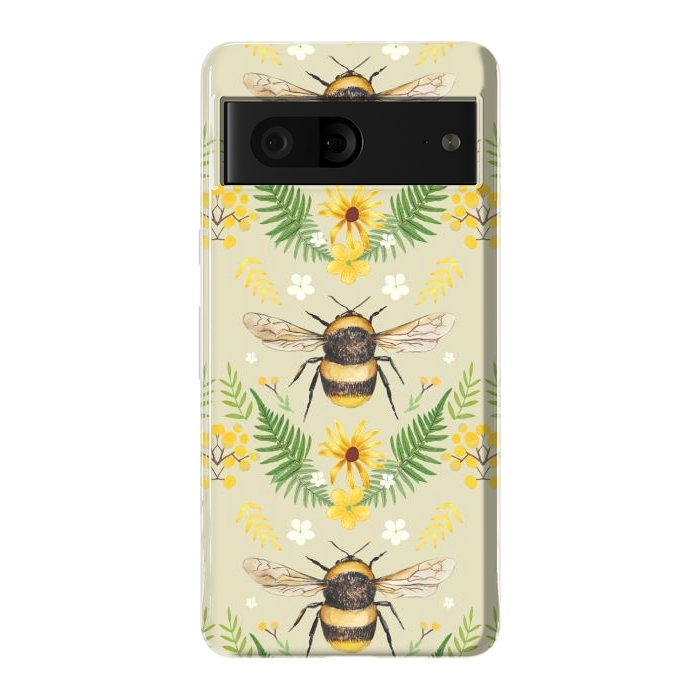 Pixel 7 StrongFit Bees and flowers - cottagecore bumble bee pattern - ferns, wild flowers by Oana 