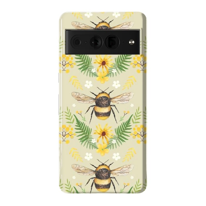 Pixel 7 Pro StrongFit Bees and flowers - cottagecore bumble bee pattern - ferns, wild flowers by Oana 