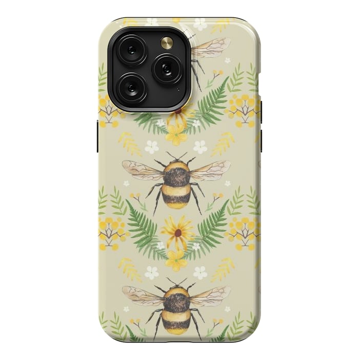 iPhone 15 Pro Max StrongFit Bees and flowers - cottagecore bumble bee pattern - ferns, wild flowers by Oana 