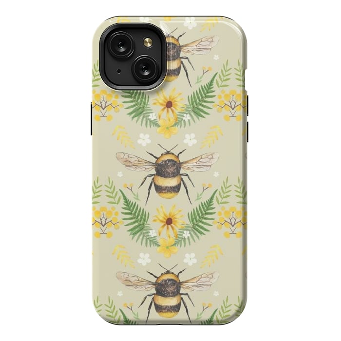 iPhone 15 Plus StrongFit Bees and flowers - cottagecore bumble bee pattern - ferns, wild flowers by Oana 