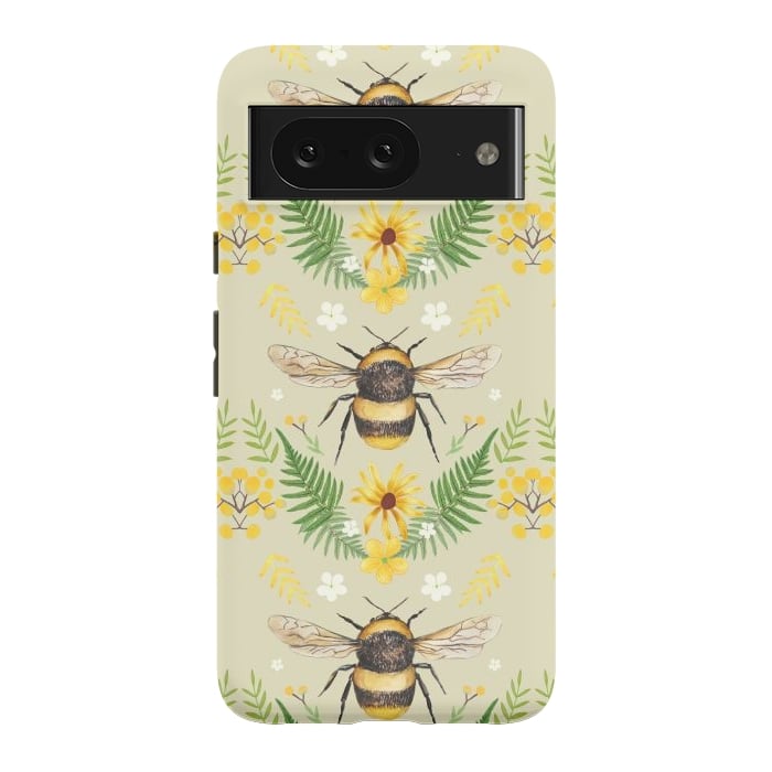 Pixel 8 StrongFit Bees and flowers - cottagecore bumble bee pattern - ferns, wild flowers by Oana 