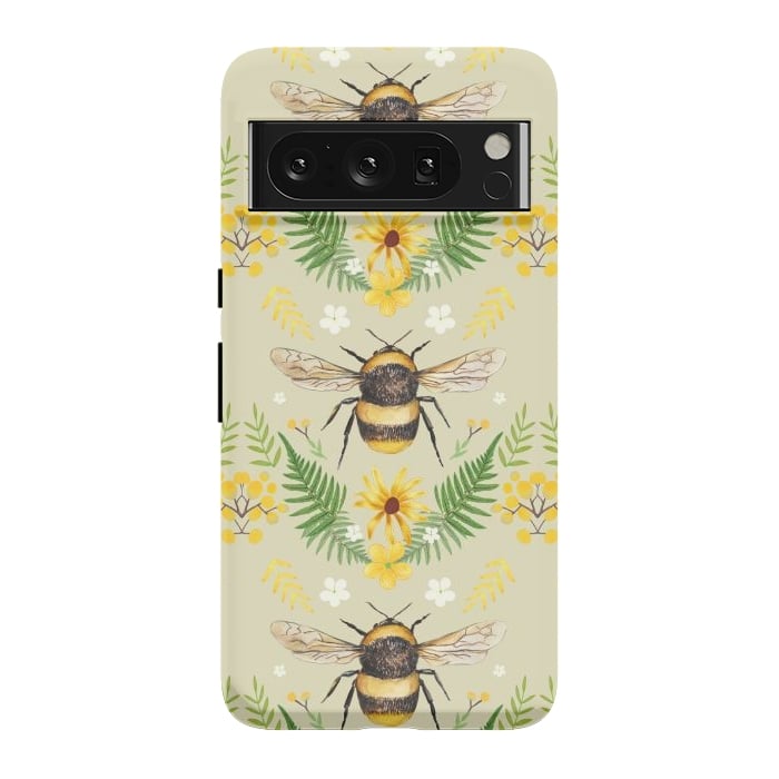 Pixel 8 Pro StrongFit Bees and flowers - cottagecore bumble bee pattern - ferns, wild flowers by Oana 