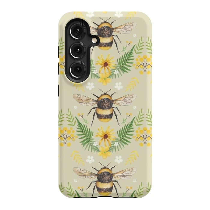 Galaxy S24 StrongFit Bees and flowers - cottagecore bumble bee pattern - ferns, wild flowers by Oana 