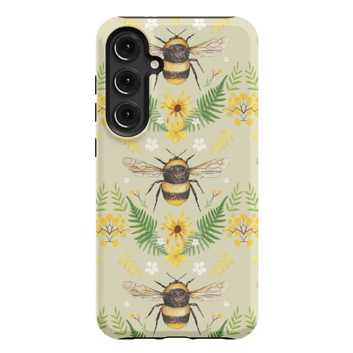 Galaxy S24 Plus StrongFit Bees and flowers - cottagecore bumble bee pattern - ferns, wild flowers by Oana 