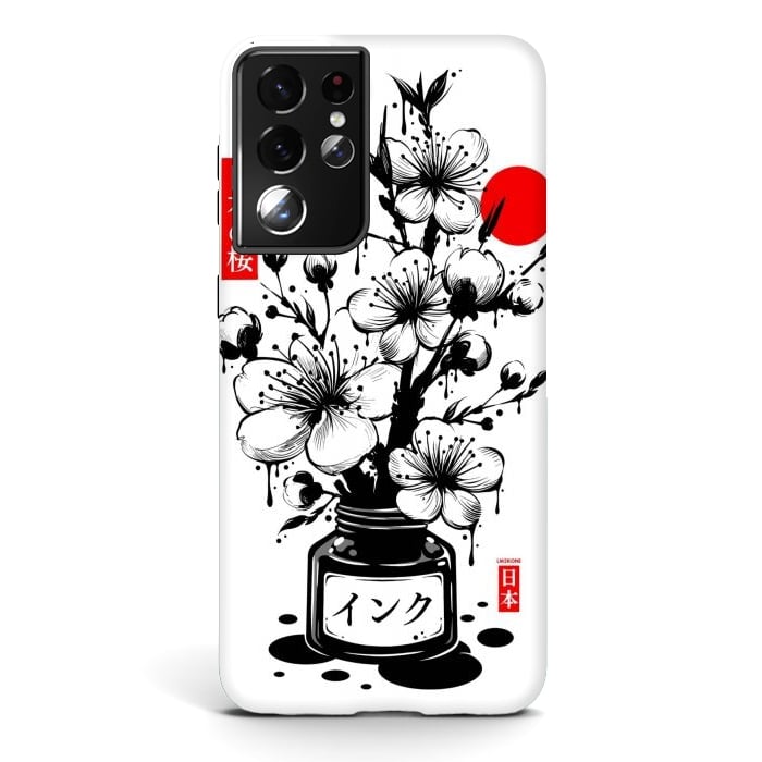 Galaxy S21 ultra StrongFit Black Cherry Blossom Japanese Ink by LM2Kone