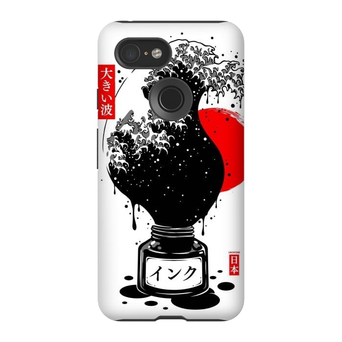 Pixel 3 StrongFit Black Kanagawa's wave Japanese Ink by LM2Kone