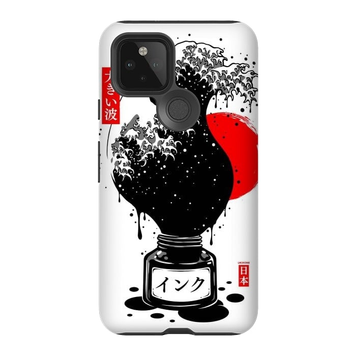 Pixel 5 StrongFit Black Kanagawa's wave Japanese Ink by LM2Kone