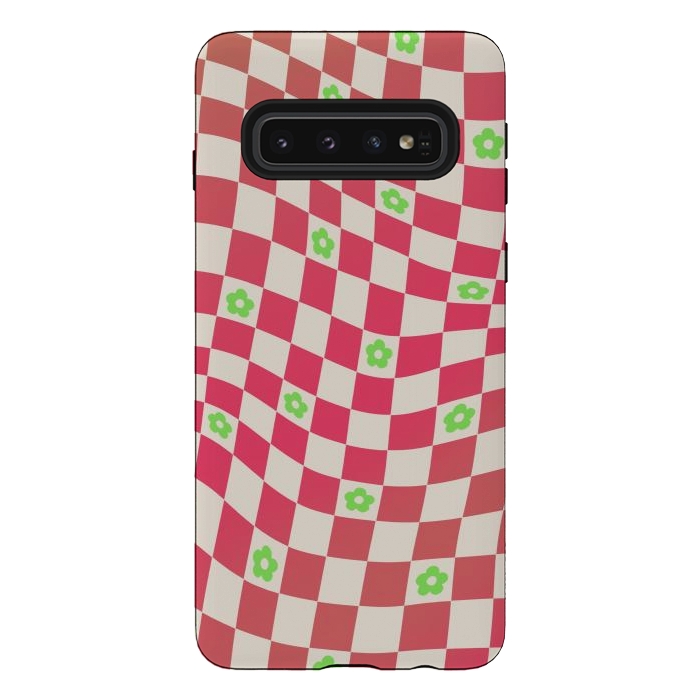 Galaxy S10 StrongFit Checks and flowers - retro optical illusion checkered Y2K by Oana 