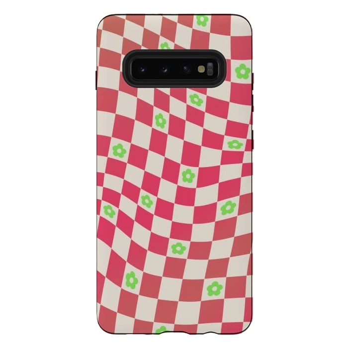 Galaxy S10 plus StrongFit Checks and flowers - retro optical illusion checkered Y2K by Oana 