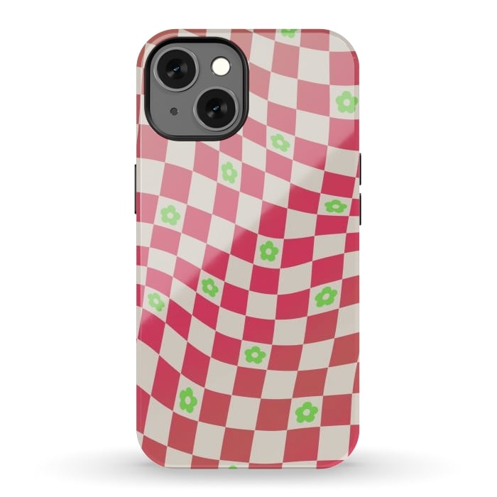 iPhone 13 StrongFit Checks and flowers - retro optical illusion checkered Y2K by Oana 