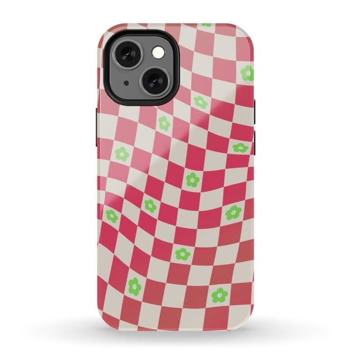 iPhone 13 mini StrongFit Checks and flowers - retro optical illusion checkered Y2K by Oana 