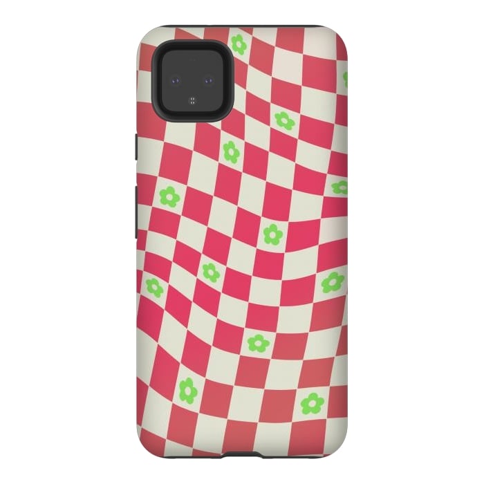 Pixel 4XL StrongFit Checks and flowers - retro optical illusion checkered Y2K by Oana 