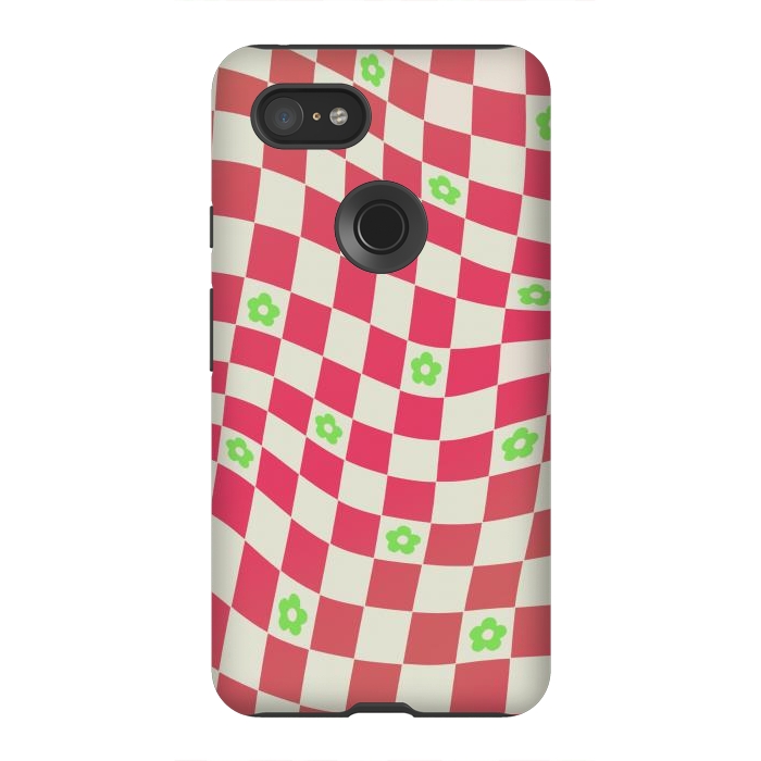 Pixel 3XL StrongFit Checks and flowers - retro optical illusion checkered Y2K by Oana 