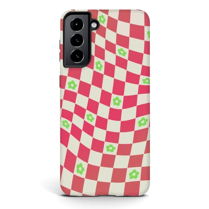 Galaxy S21 StrongFit Checks and flowers - retro optical illusion checkered Y2K by Oana 