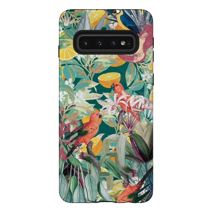 Galaxy S10 StrongFit Parrots, oranges and tropical leaves - jungle paradise by Oana 