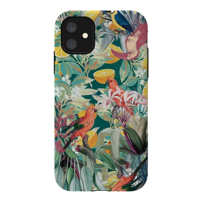 iPhone 11 StrongFit Parrots, oranges and tropical leaves - jungle paradise by Oana 