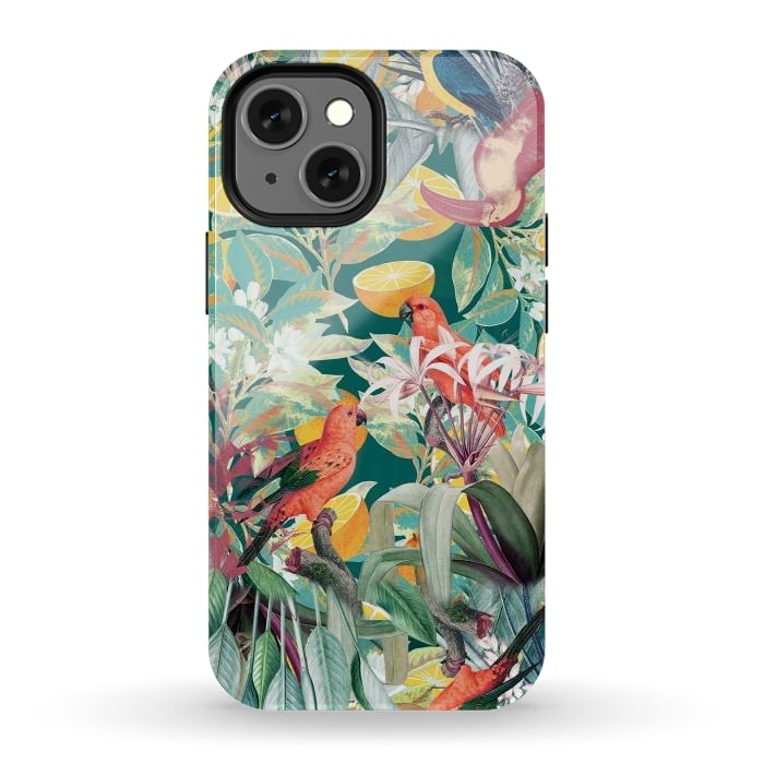iPhone 12 mini StrongFit Parrots, oranges and tropical leaves - jungle paradise by Oana 