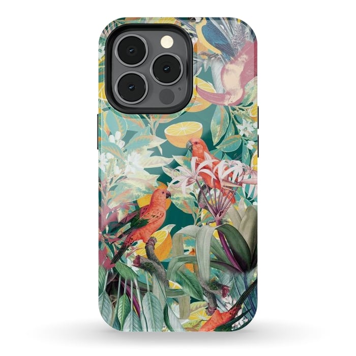 iPhone 13 pro StrongFit Parrots, oranges and tropical leaves - jungle paradise by Oana 