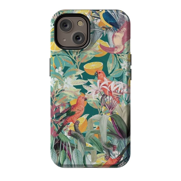 iPhone 14 StrongFit Parrots, oranges and tropical leaves - jungle paradise by Oana 